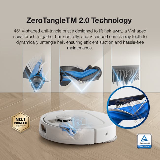 Ecovacs Deebot N30 Pro Omni - White - 3 - 45° V-shaped anti-tangle bristle, V-shaped spiral brush, V-shaped comb array