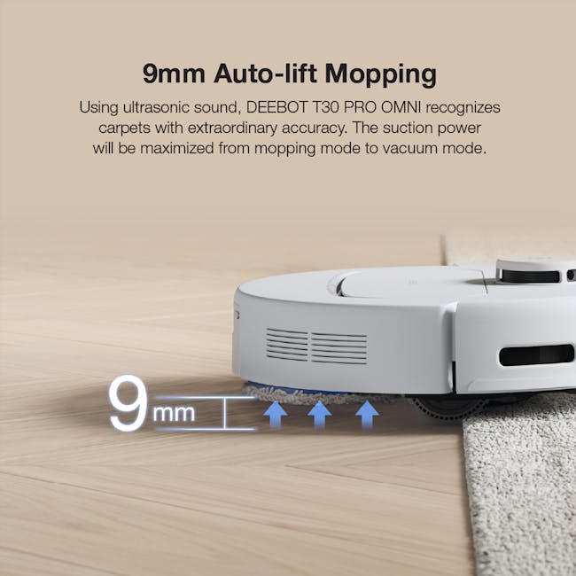 Ecovacs Deebot N30 Pro Omni - White - 7 - 9mm Auto-lift Mopping, DEEBOT T30 PRO OMNI, ultrasonic sound, carpet recognition