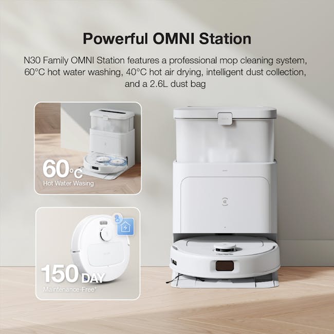 Ecovacs Deebot N30 Pro Omni - White - 4 - Powerful OMNI Station, N30 Family OMNI Station, 60°C Hot Water Washing, 40°C Hot