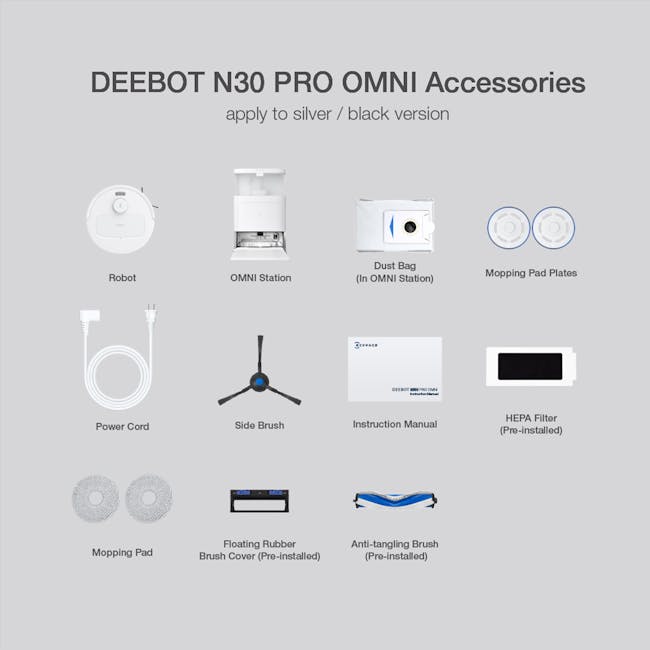 Ecovacs Deebot N30 Pro Omni - White - 9 - Robot, OMNI Station, Dust Bag (In OMNI Station), Mopping Pad Plates, Power Cord