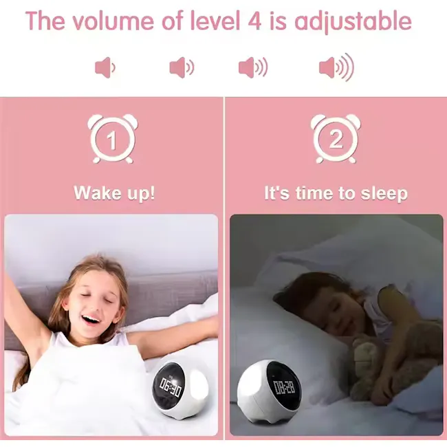 Zuno Kids Emoji Table Alarm Clock + Night Light - Pink - 8