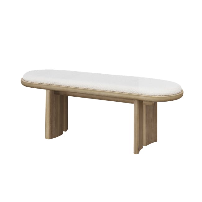 Catania Cushioned Bench 1.2m - 1 - Wooden bench with soft white cushion, minimalist design, natural wood finish, light brown