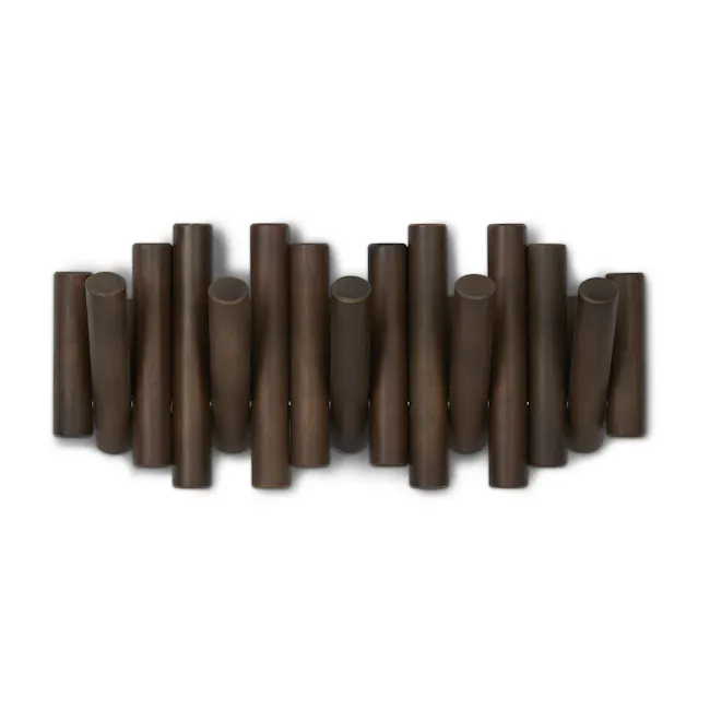 Picket 5 Wall Hook - Aged Walnut - 10 - Bronze cylindrical objects, arranged in a row, varying in height and diameter, matte
