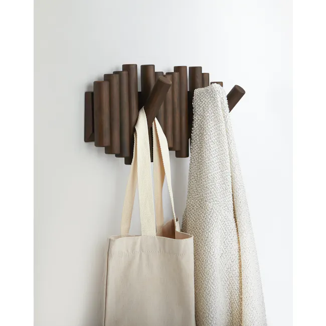 Picket 5 Wall Hook - Aged Walnut - 6 - vintage wooden hangers, beige tote bags, textured fabric, minimalist decor, natural