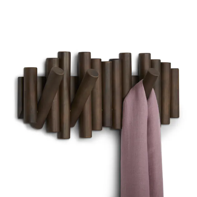 Picket 5 Wall Hook - Aged Walnut - 8 - Bronze cylindrical objects, arranged in a staggered pattern, metallic texture, soft