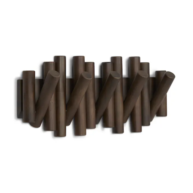 Picket 5 Wall Hook - Aged Walnut - 9 - Bronze cylindrical objects, arranged in a staggered pattern, metallic texture, smooth