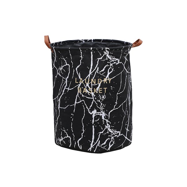 Marble Laundry Basket With Leather Handle - Black - 0