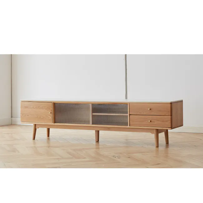 Aster TV Console 1.5m - Oak (Sintered Stone) - 7 - Wooden sideboard with glass panels, minimalist design, light wooden