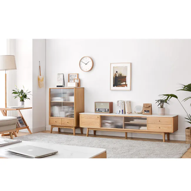 Aster TV Console 1.5m - Oak (Sintered Stone) - 3 - Wooden sideboard, minimalist decor, white wall, vintage radio, potted