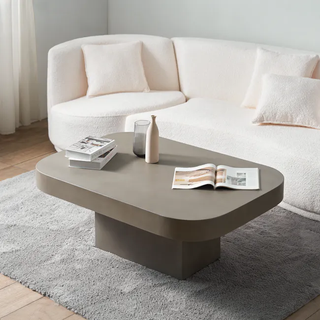 Ryland Concrete Coffee Table 1.2m - 2 - Modern minimalist living room, cozy sofa, soft white cushions, light gray rug