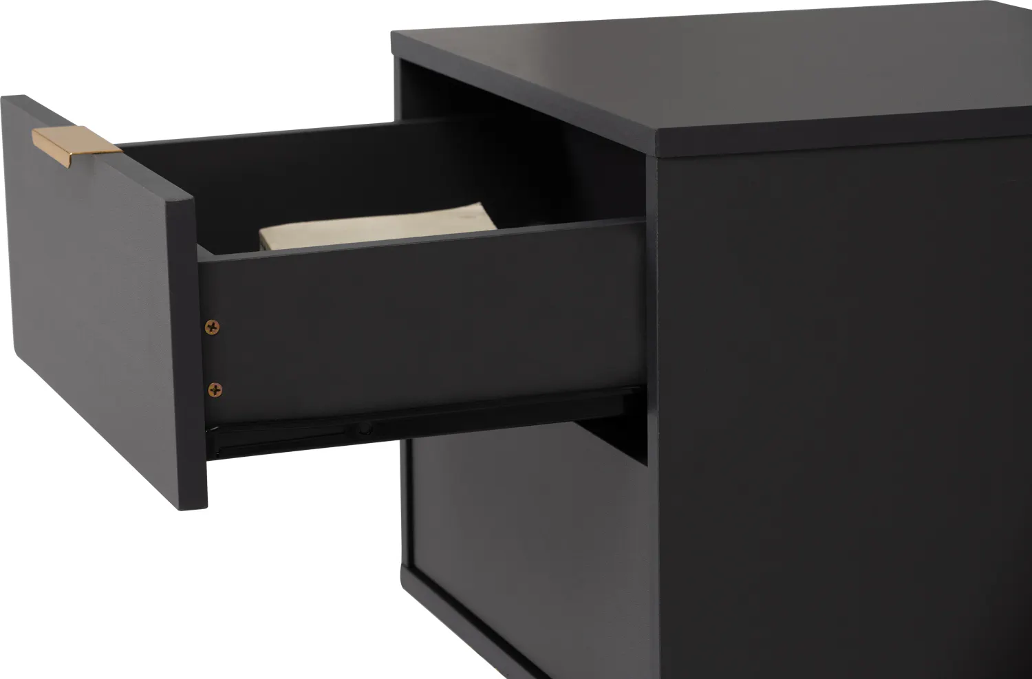 Volos Bedside Table - 15 - modern desk drawer, sleek black drawer, minimalist drawer, open drawer, interior view, drawer