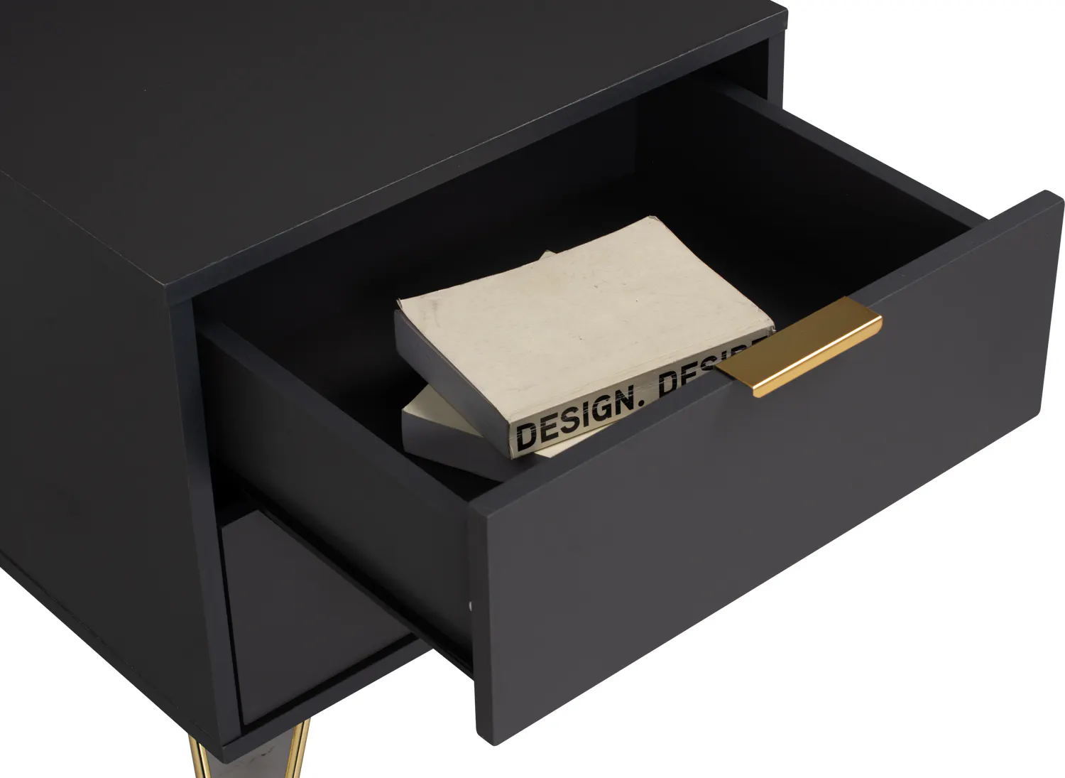 Volos Bedside Table - 14 - modern black side table, minimalist drawer, sleek design, black and gold color scheme, open