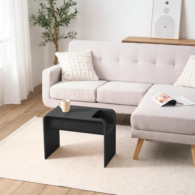 Jude Reversible Coffee / Side Table - Black - 2 - Light-colored sofa, minimalist coffee table, beige cup on table, textured
