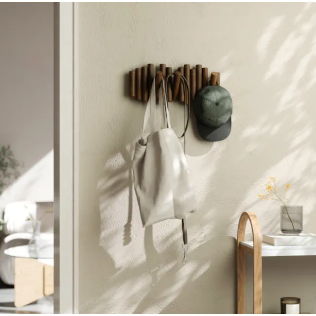 Picket 5 Wall Hook - Aged Walnut - 3 - Wooden wall decor, minimalist design, natural materials, soft shadows, modern