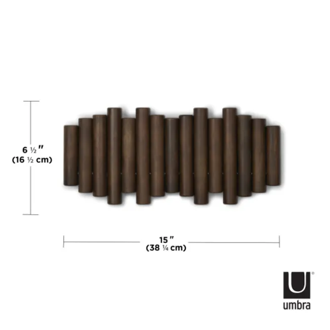 Picket 5 Wall Hook - Aged Walnut - 11 - Wooden cylindrical objects, brown in color, arranged in a row, measuring 6 ½ inches