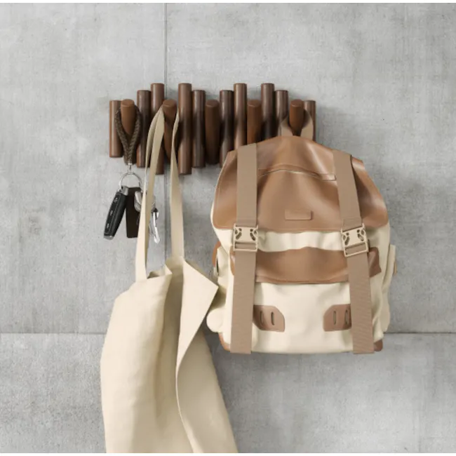 Picket 5 Wall Hook - Aged Walnut - 4 - Brown leather backpack, beige and brown tote bag, keychains, wooden sticks
