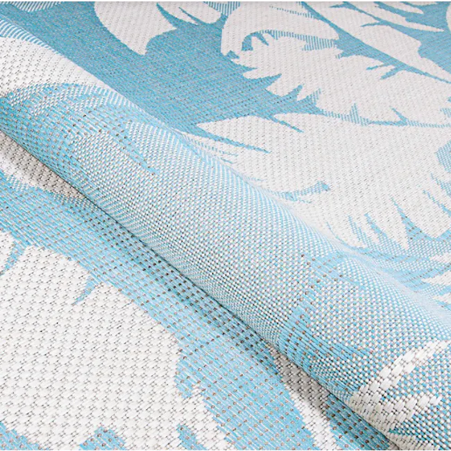 Coastal Flora Flatwoven Rug - Ivory Turquoise (3 Sizes) - 6 - Fabric with intricate blue and white floral pattern, textured