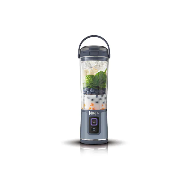 Ninja Blast - Denim Blue - 1 - Blender with green spinach, blueberries, and white ice cubes, stainless steel base, digital