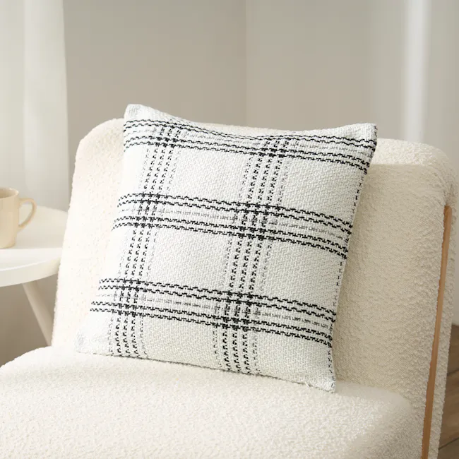 Kelsey Plaid Weaved Cushion - White - 2 - White textured chair, plush armrest, cozy throw pillow, black and white plaid