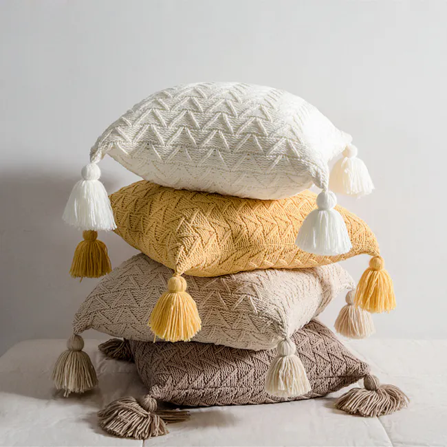 Elly Knitted Cushion Cover with Tassels - Almond - 3 - Cushion stack, knitted pillows, layered design, textured fabric, warm