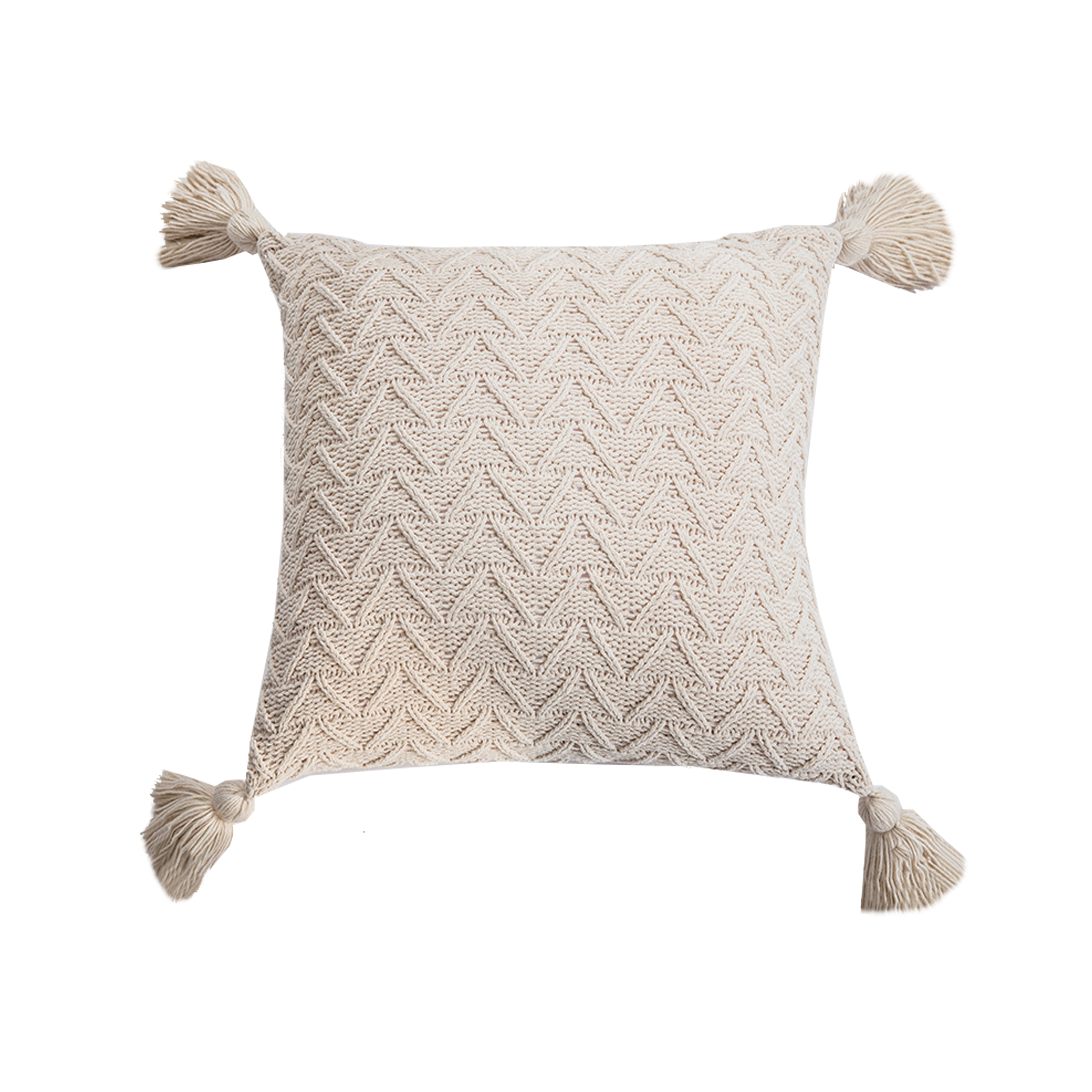 Elly Knitted Cushion with Tassels - Almond