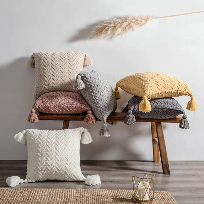 Elly Knitted Cushion with Tassels - Almond - 2 - Cream, beige, pink, gray, yellow, textured, crochet, fringe, rattan, twine