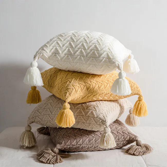 Elly Knitted Cushion with Tassels - Almond - 3 - Cushion stack, knitted pillows, layered pillows, textured pillows, colorful
