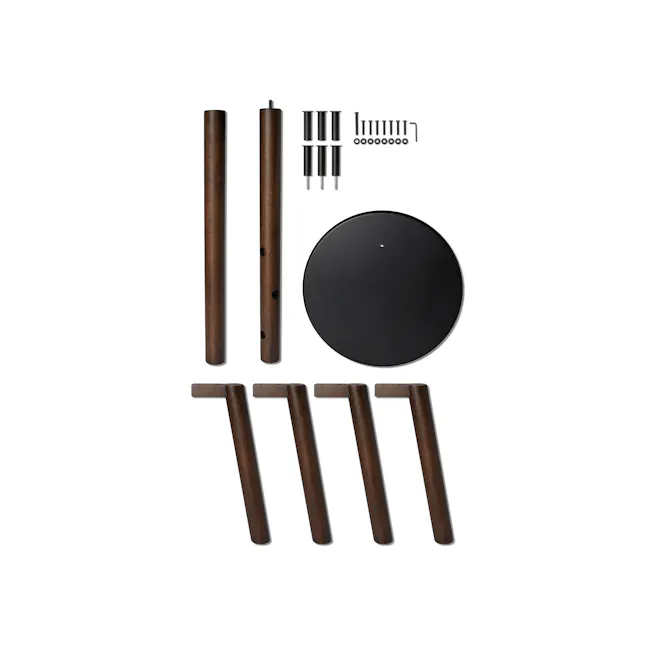 Pillar Coat Rack with Stool - Black, Walnut - 8 - Wooden instrument components, black circular pad, wooden sticks, metal