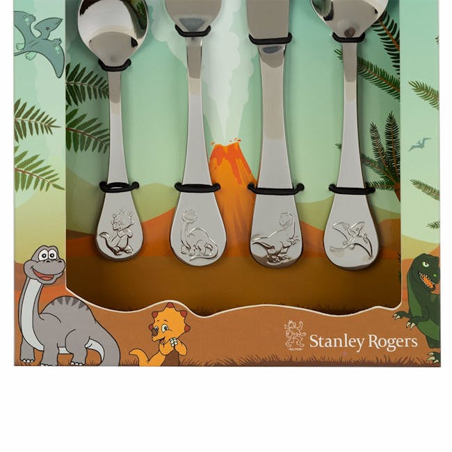 Stanley Rogers Children's Cutlery Dinosaurs 4Pc Set - 3 - Silver spoons with dinosaur embossments, illustrated on a