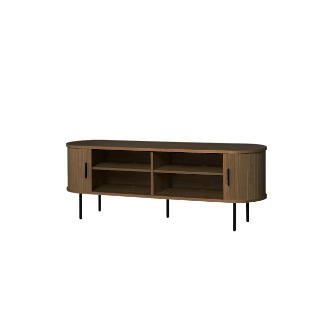 Nola TV Console 1.5m - Walnut - 10 - Wooden desk with open shelves, minimalist design, modern aesthetic, sleek lines, black