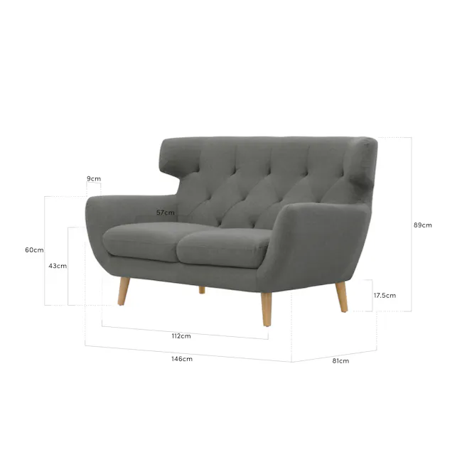 Agatha 2 Seater Sofa - Granite Grey - 6 - Grey upholstered armchair, 57 cm seat height, 43 cm backrest height, 60 cm overall