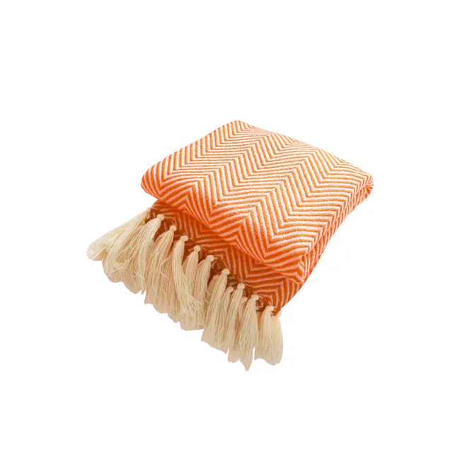 Hosanna Throw - Orange - 1 - Orange chevron pattern, textured fabric, fringe details, soft texture, cozy throw, decorative