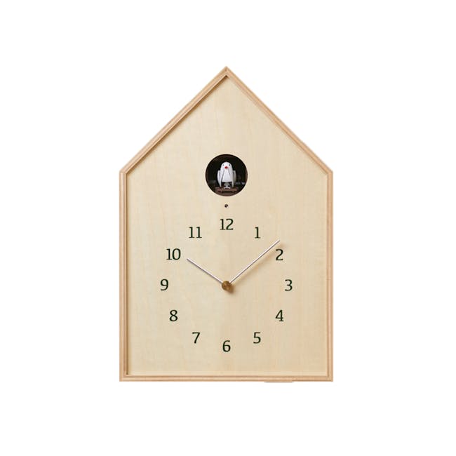 Birdhouse Clock - Natural - 1 - Wooden clock with a cute penguin design, Elegant clock featuring a small penguin, Wooden