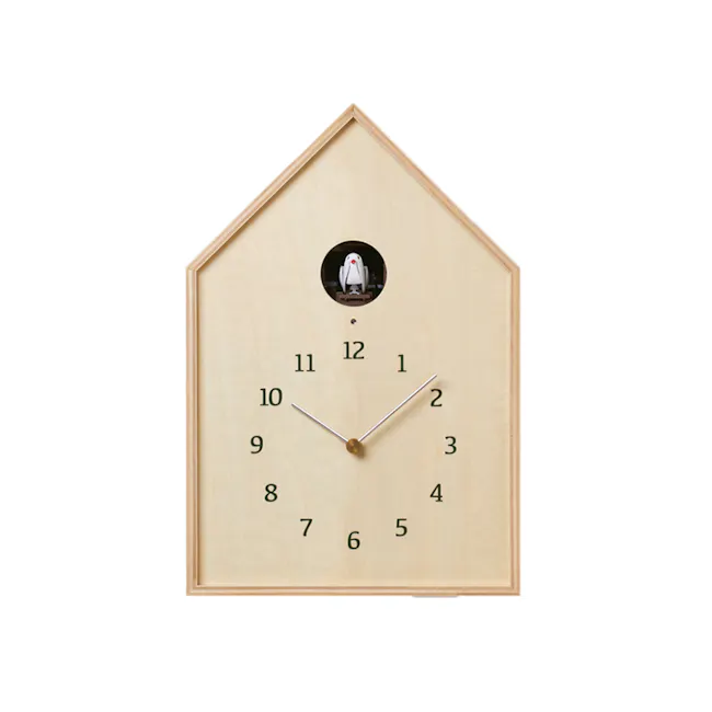 Birdhouse Clock - Natural - 1 - Wooden clock with a cute penguin design, Elegant clock featuring a small penguin, Wooden