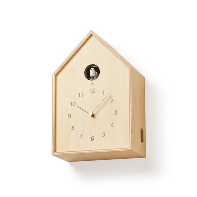 Birdhouse Clock - Natural - 8 - Wooden clock with minimalist design, featuring a hexagonal shape, light beige color, small