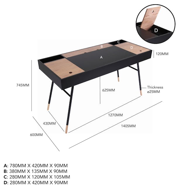 Morse Study Table 1.4m - Black, Oak - 13