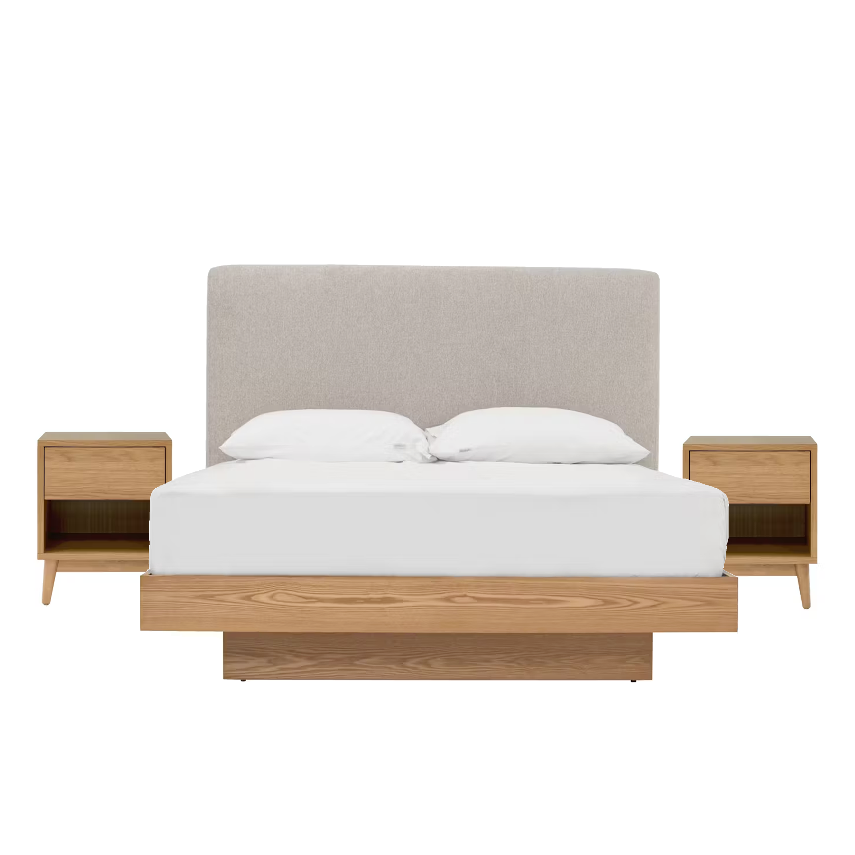 Kenzou Queen Bed in Oak, Grey Mist with 2 Kyoto Top Drawer Bedside Table in Oak