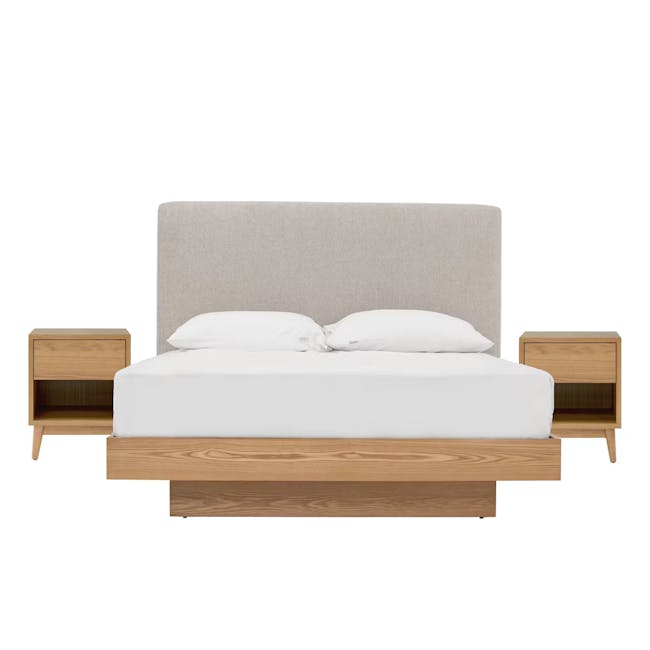 Kenzou Queen Bed in Oak, Grey Mist with 2 Kyoto Top Drawer Bedside Table in Oak - 1 - Wooden bed frame, minimalist design