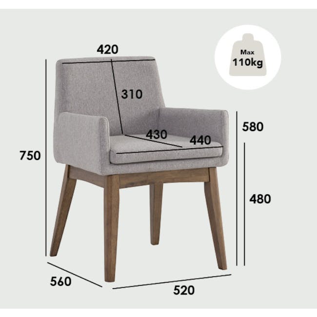 Fabian Dining Armchair - Natural, Dolphin Grey (Fabric) - 5 - Grey upholstered armchair, 420 cm seat height, 310 cm backrest