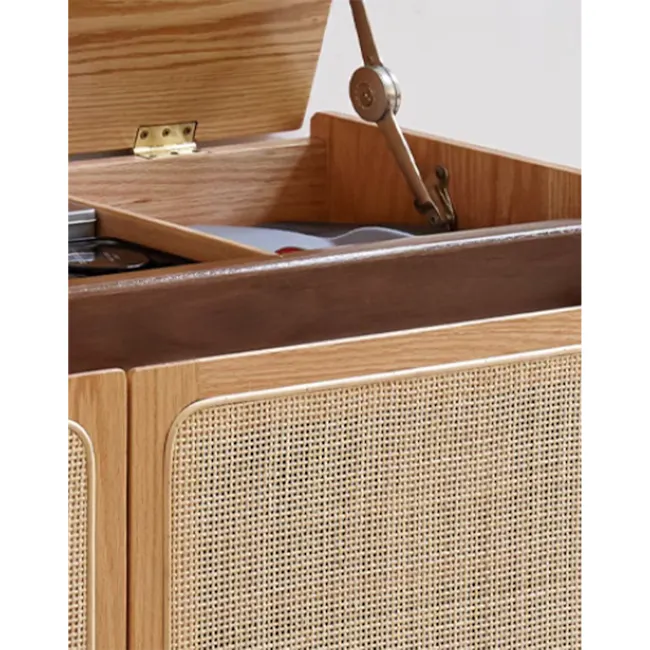 Lune Rattan Storage Shoe Bench 0.9m - 7 - Wooden cabinet with open compartment, vintage radio, brass knob, woven fabric