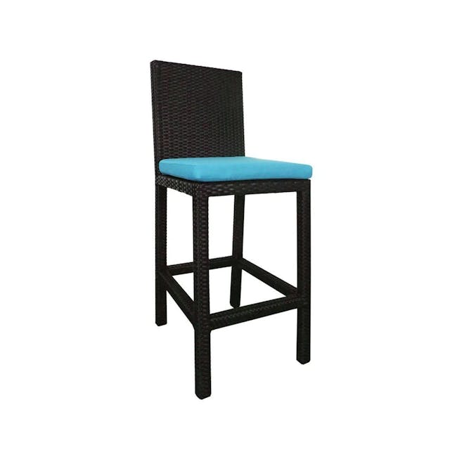 Midas 2 Chair Bar Set - Blue Cushion - 6 - Wicker bar stool, black and turquoise color scheme, sturdy frame, comfortable