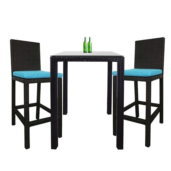 Midas 2 Chair Bar Set - Blue Cushion - 1 - Wicker bar stools, black and turquoise, outdoor furniture, patio furniture, patio