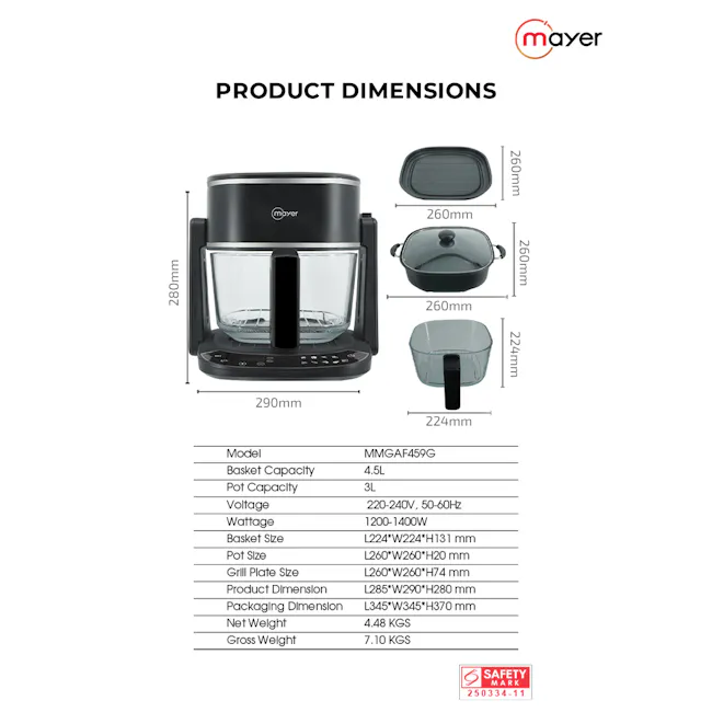 Mayer 4.5L 3-in-1 Glass Air Fryer with Grill MMGAF459G - 10