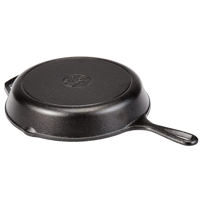 Lodge 10.25 Inch Cast Iron Deep Skillet - 4 - Black cast iron skillet with embossed logo, Elegant black cooking pot with