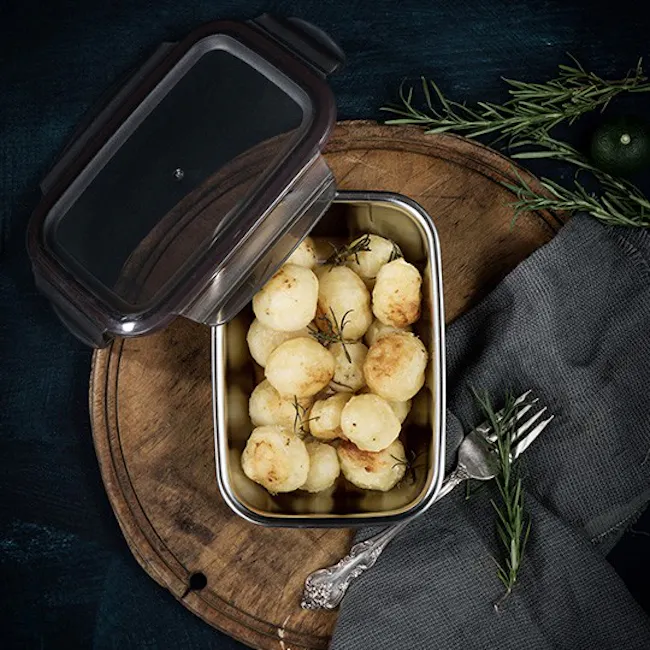 Cuitisan Flora Rectangle Container No. 5 - 3 - wooden cutting board, metal bowl, roasted potatoes, rustic presentation, dark