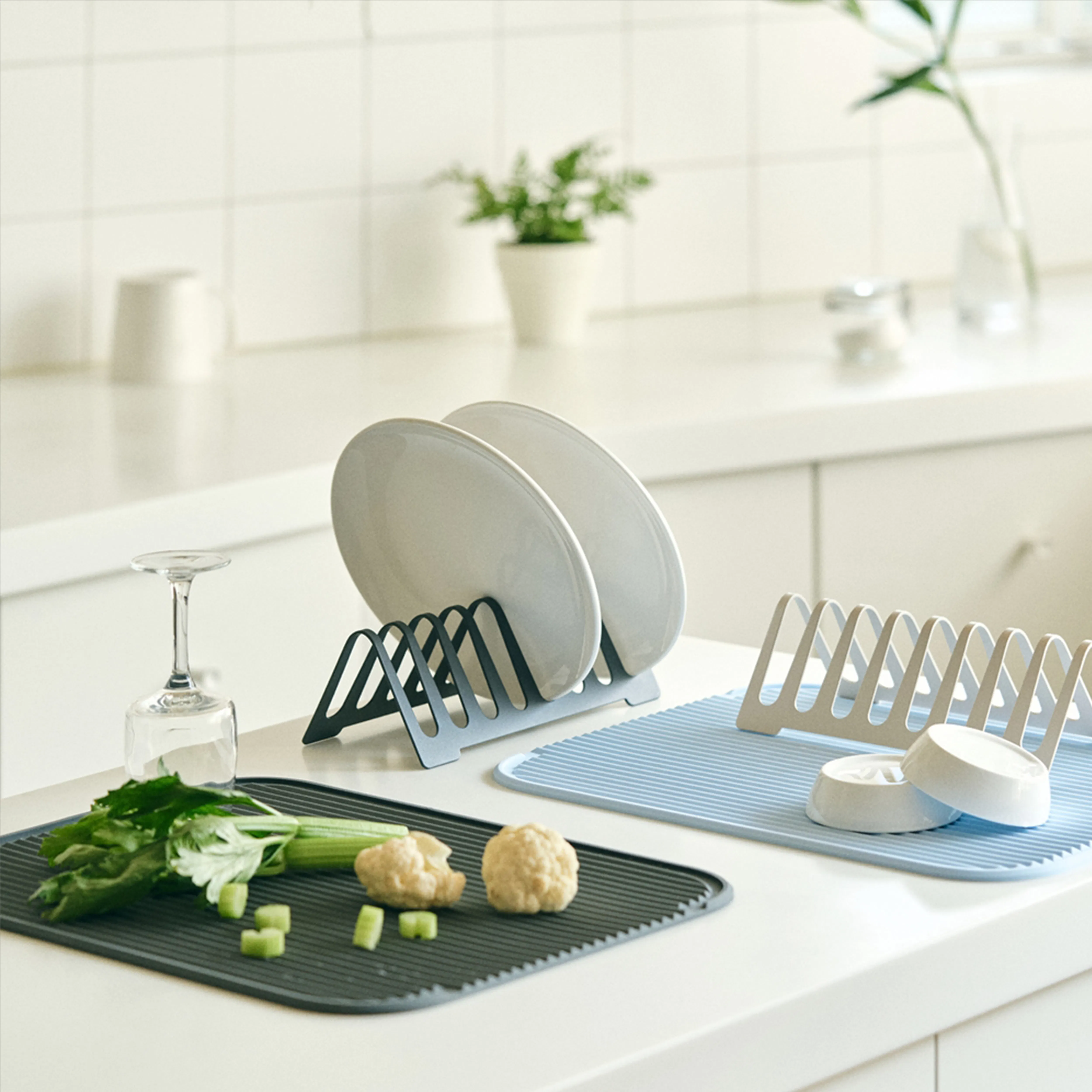 Modori Beige Drying Rack + Soft Blue Drying Mat Set - 7