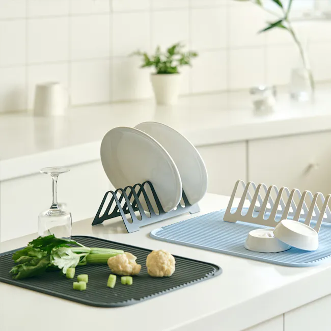 Modori Beige Drying Rack + Soft Blue Drying Mat Set - 8 - white kitchen countertop, modern kitchen design, minimalist decor