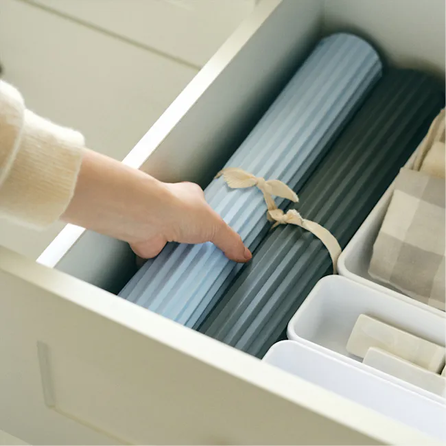 Modori Beige Drying Rack + Soft Blue Drying Mat Set - 6 - striped storage bins, neatly organized, light beige sweater, soft