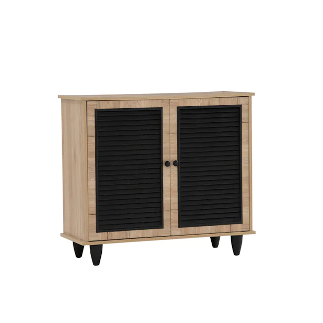 Aveleen 2 Door Shoe Cabinet - Oak - 1 - Wooden cabinet with black louvered doors, black caster wheels, minimalist design