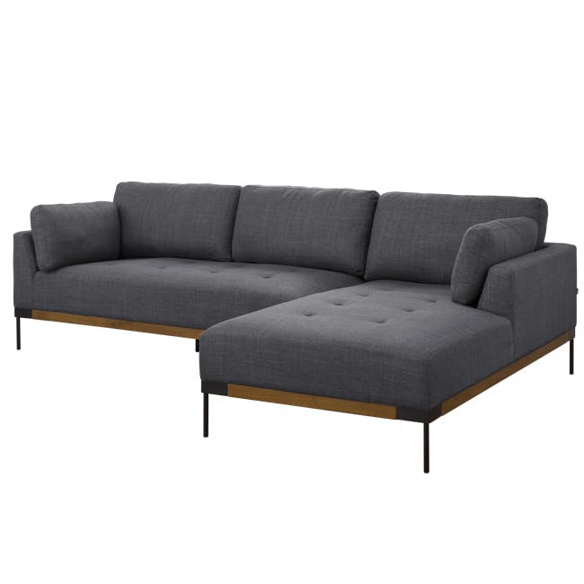 Hudson L-Shaped Sofa - Walnut, Shadow Grey - 10 - Grey upholstered sectional sofa with tufted cushions, wooden legs, modern